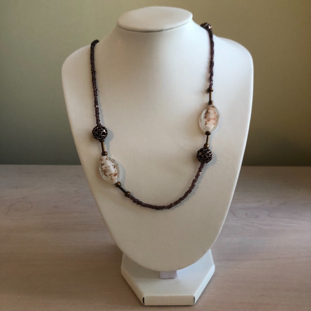 Handmade Plum Beaded Necklace with Copper Beads and Clear Beads